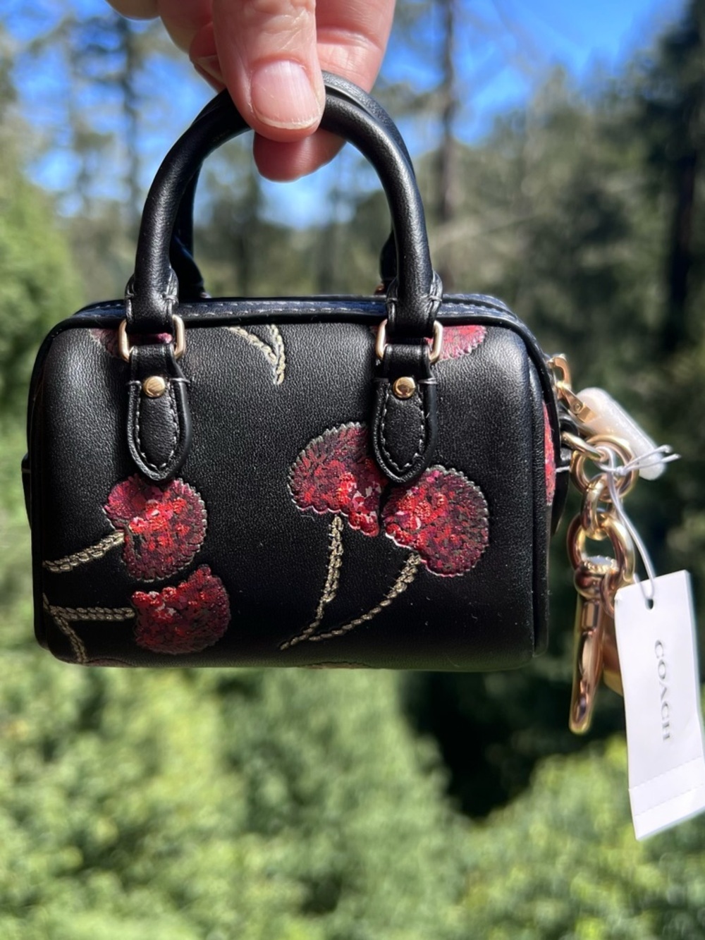 COACH Mini Rowan Bag Charm Black Multi w Sequin Cherry Print & Gold Hardware NWT - Picture 3 of 7